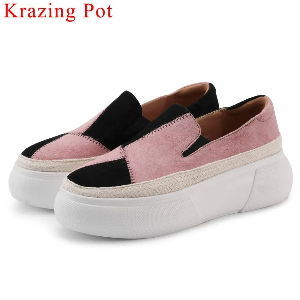 

Krazing pot mixed colors natural leather slip on loafers flat platform round toe big size Spring streetwear vulcanized shoes L68