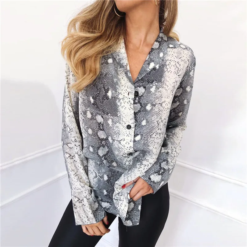 

Autumn Snake Print Blouse Long Sleeve Women Blouse Casual Loose Shirt Patchwork Vintage Ladies Basic Shirt Blusas Plus Size