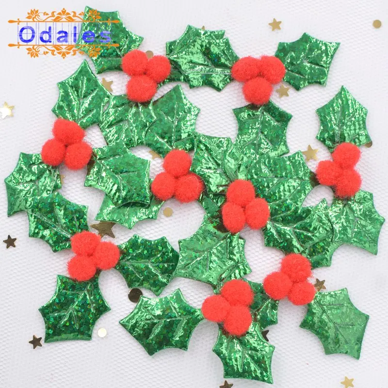 

60Pcs 3D Christmas Appliques Supplies Holly Leaf Patches Hair Accessories Trembling Kid Hair Clip Girls Headdress Party Decor