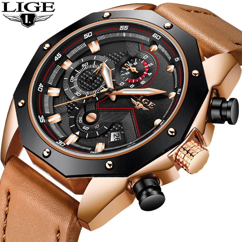 Acheter Relogio Masculino LIGE Hommes Montres Top Marque De Luxe En Cuir Montre À Quartz Or Hommes Mode Militaire Étanche Sport Montre Bracelet