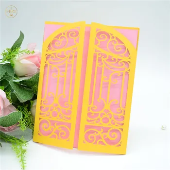 

Gold pearl paper laser cut wedding card invitations gate