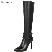 Elissara/женские сапоги до колена на высоком каблуке; женская обувь из натуральной кожи и искусственной кожи; отличное качество; черные высокие сапоги на молнии с заклепками и пряжками