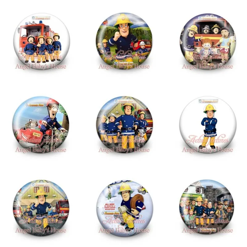 

45pcs/lot Fireman Sam Cartoon Figures Badges Brooch Pin on Cloth/Bags Accessories Round 30MM Buttons Kid Gift Party Favors