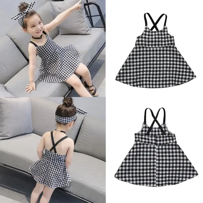 Toddler Girls Princess Plaid Strap Dress Kids Baby Sleeveless Dresses