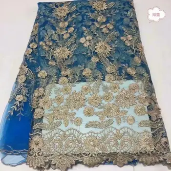 

Blue Gold Line 2019 African Beaded Tulle Lace Fabric High High Quality Lace Material Net French Embroidery Nigeria Lace Fabric