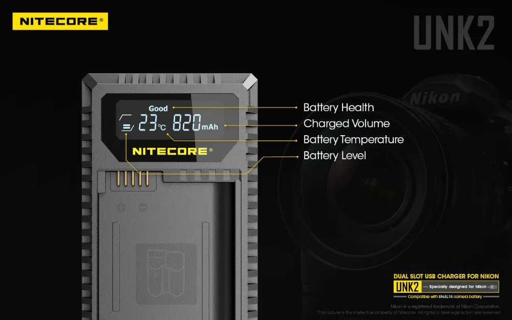 Nitecore UNK2 цифровой USB Зарядное устройство для EN-EL15 Nikon батареи D610 D750 D800 D810 D850 D7000 D7100 D7200 D7500 1V1 V1