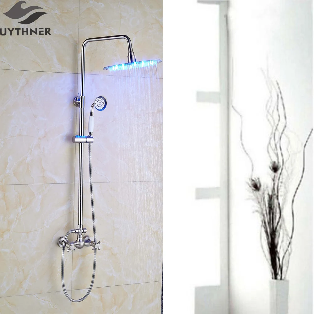 

Uythner 12" LED Rainfall Shower Faucet Nickel Brushed Mixer Tap Wall Mount Dual Handles