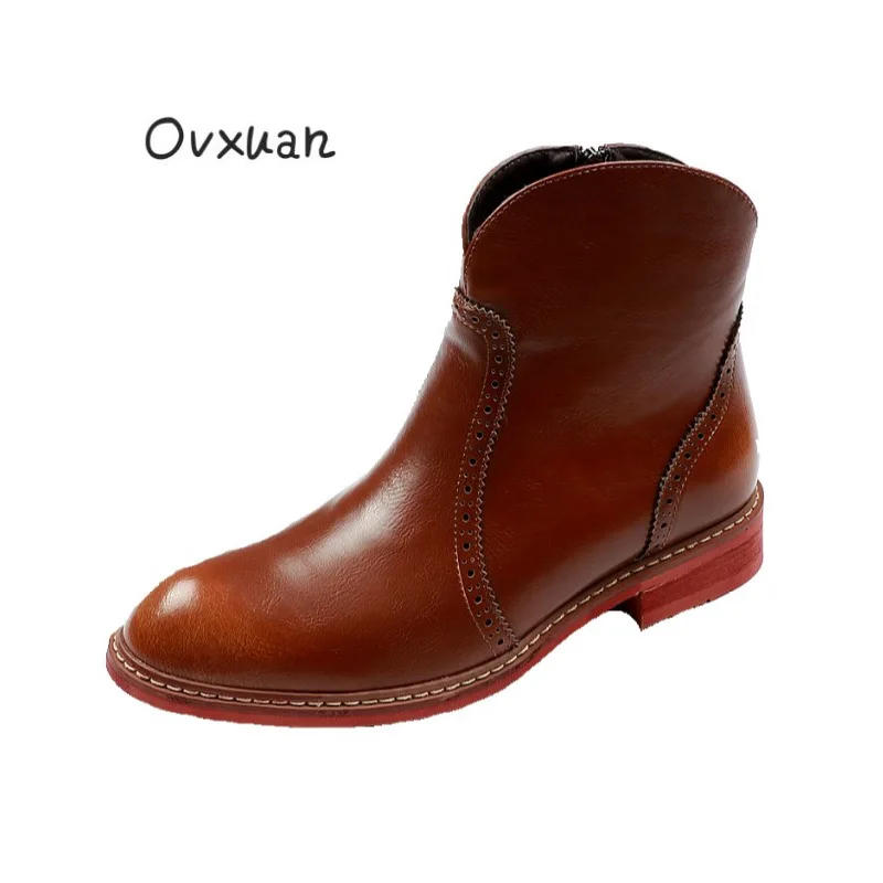 

OVXUAN Vintage High Top Ankle Pointed Toe Zip Mens Chelsea Boots 2019 Autumn Fashion Dress Boots Carved Leather Martin Men Boots