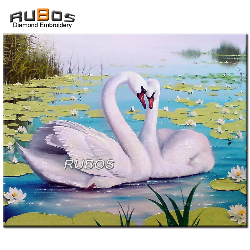 RUBOS DIY 5D Diamond Painting Cross Stitch Two White Swans in pond Diamond Embroidery Home Decor Full Rhinestones Mosaic Inlay (1)