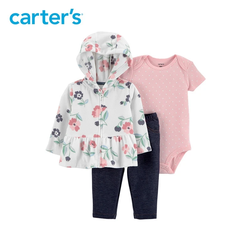 

3pcs polka dots bodysuit easy-on denim pants floral print fleece jacket set Carter's baby girl spring autumn clothing 121I924