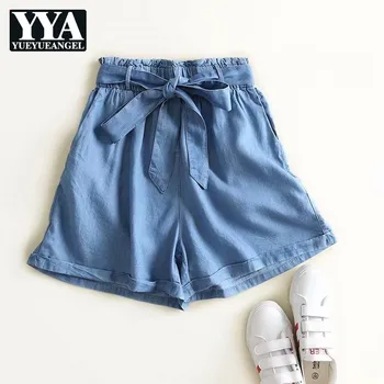 

Summer 2019 New Elastic Waist Lace Up Denim Shorts Women Washed Thin Wide Leg Short Pants Street Style Fashion Shorts Femme