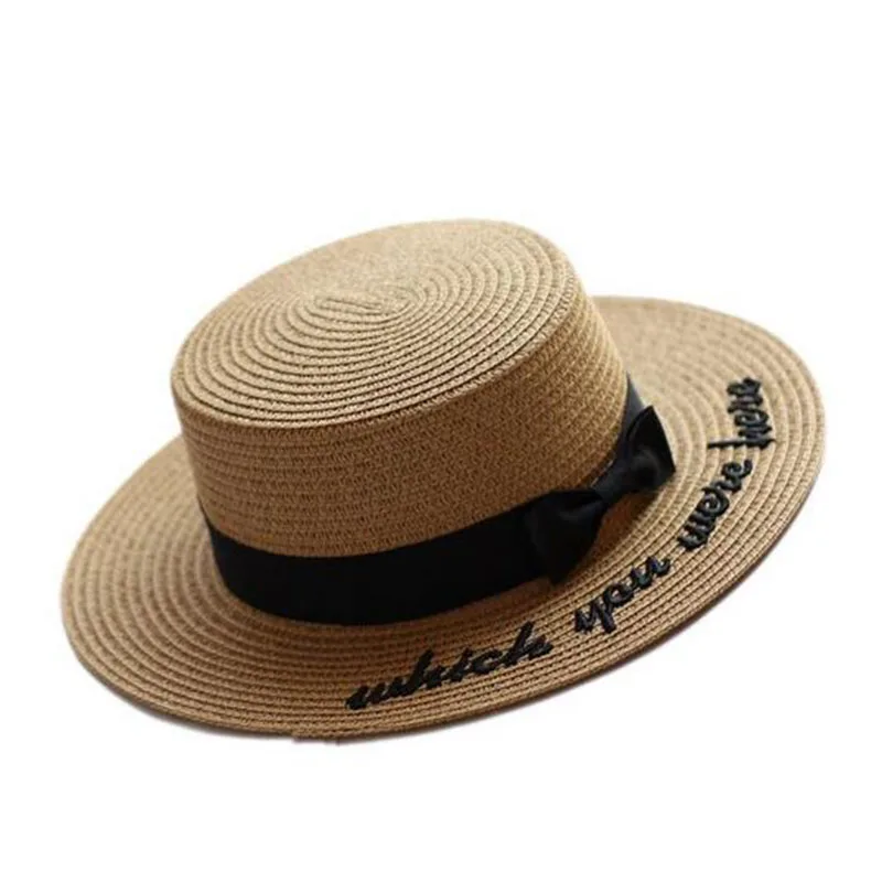 Leisure style sun hat embroidery letter boater hat summer ribbon round Leisure style sun hat embroidery letter boater hat summer ribbon round