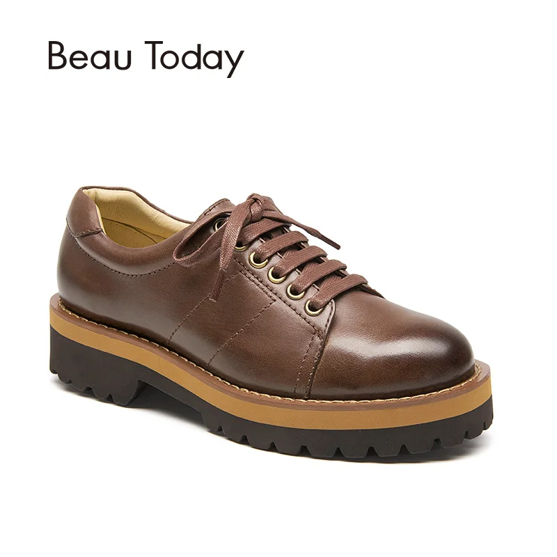 

BeauToday Derby Shoes Women Waxing Genuine Cow Leather Round Toe Lace-Up Top Quality Lady Platform Shoes Handmade 21803