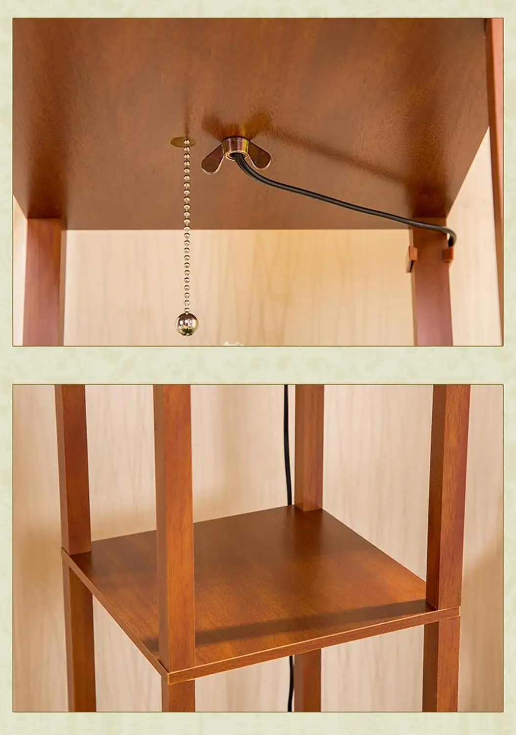 LED Shelf Floor Lamp Wooden Frame Tall Light with Organizer Storage Display Shelves-Modern Standing Lamp for Living Room Bedroom