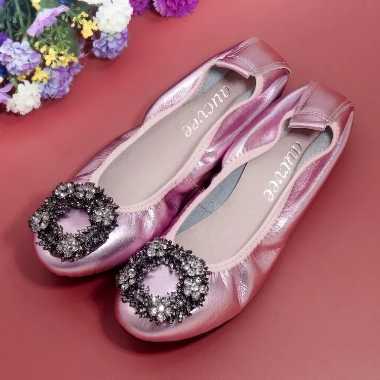 Plus Size 34-43 Ladies Flat Shoes Fashion Bling Rhinestone Women Flats Casual Genuine Leather Ballet Flats Fold Up Gold Shoes (21)