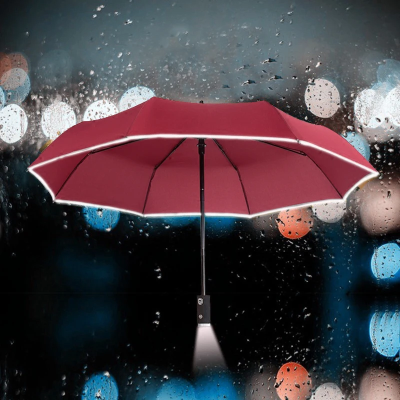 2016 New Led Rain Umbrella With Flashlight Men Women Sun Three Folding Automatic Umbrellas With Safety