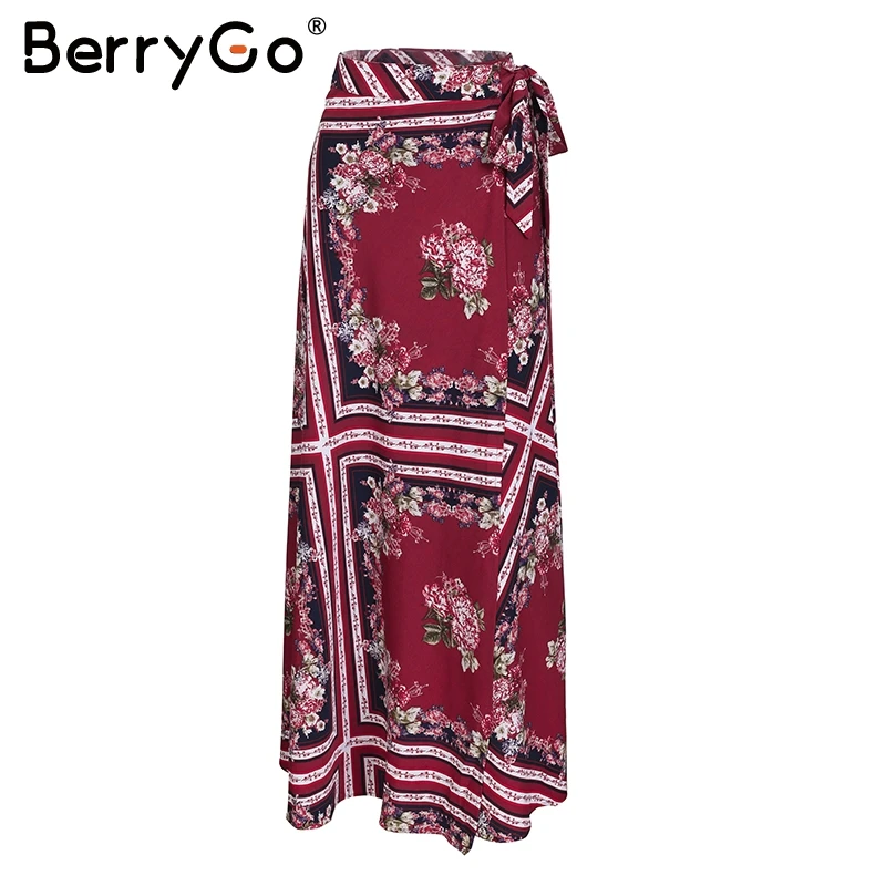 BerryGo, Женская юбка с геометрическим принтом, длинная, Пляжная, бохо, повседневная, макси юбка, лето, весна, пояс с высокой талией, завязывается, юбка с запахом - Цвет: Print