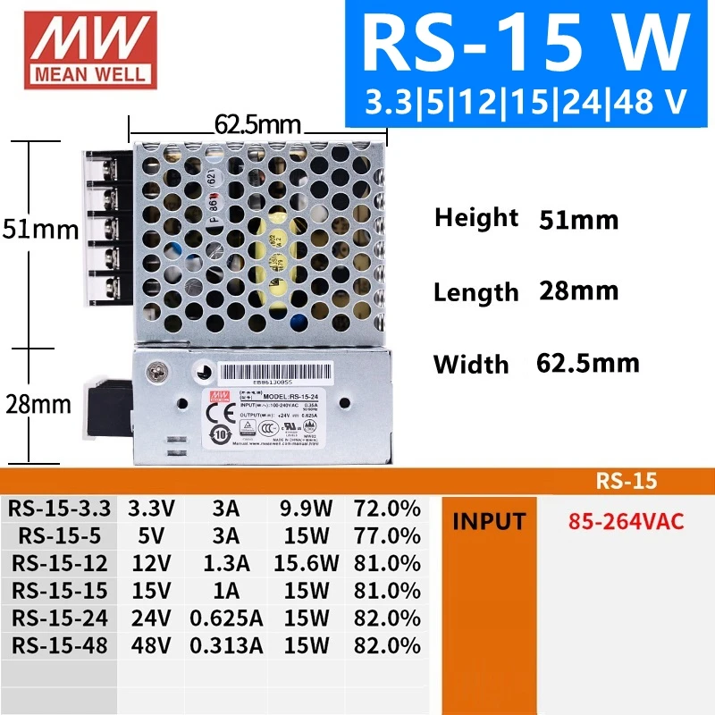 Бренд MEAN WELL представляет RS-15 лист длины 25,35, 50 3,3 V 5V 12V 15V 24V 36V 48 V meanwell RS-50 3,3 до 5 лет, 12 предметов в упаковке 15 24 36 48В одиночный Выход переключение Питание