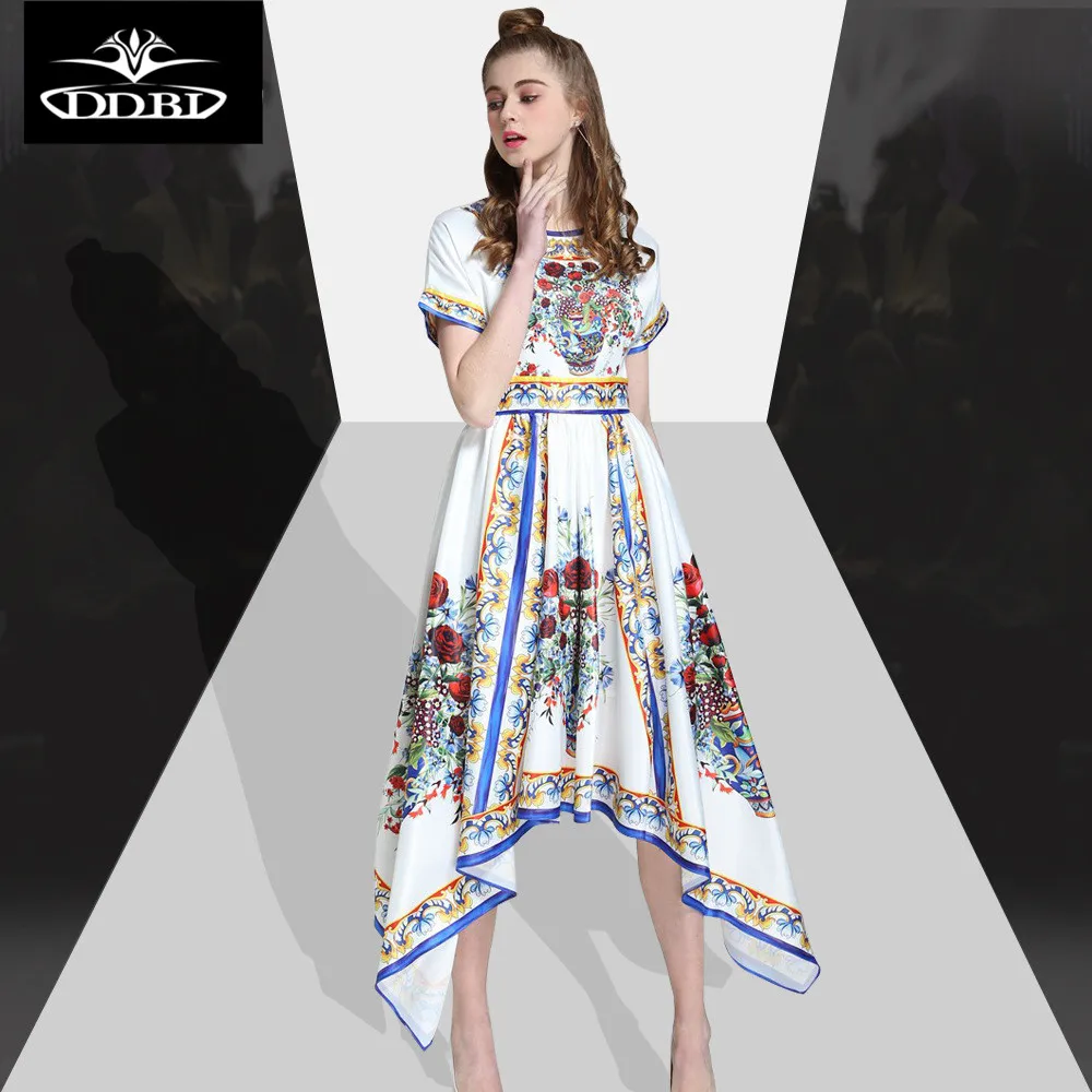 White Dress Red Flower Promotion For Promotional Runway 2017 Women High Quality Red Flowers Print White Blue Irregular Fashion Female For Summer 17509