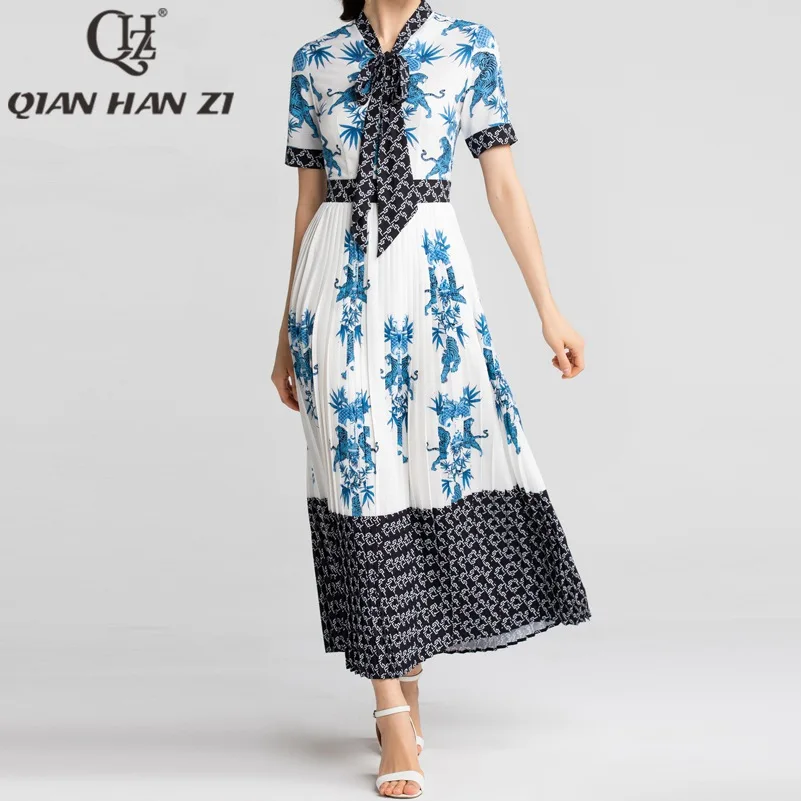 

Qian Han Zi 2019 Newest Designer fashion Maxi dress Women's Short Sleeve Bow Collar Print Patchwork Pleated vintage Long dress