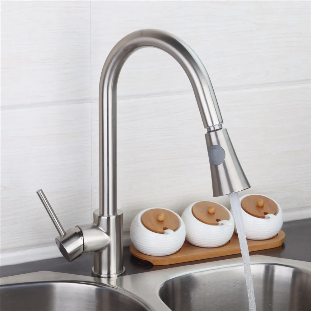 

Fashion Style Two Functions Brushed Nickel Dual Sprayer Kitchen Faucet Single Handle Pull Out Kitchen Mixer Tap