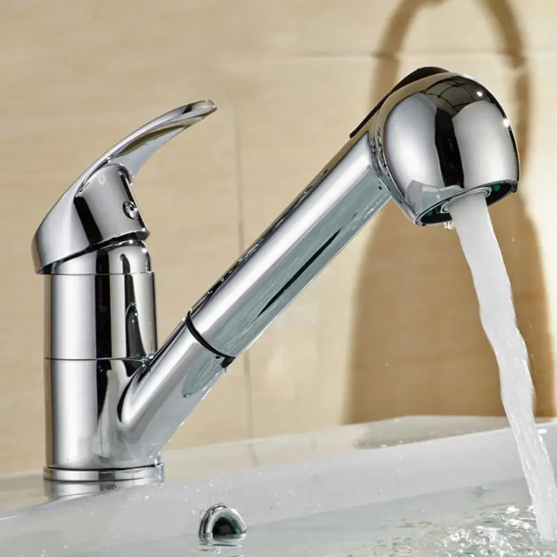 Rotatable Pull Down Single Handle Basin Faucet Lever Pull Out Sprayer Shower Kitchen Sink Water Tap