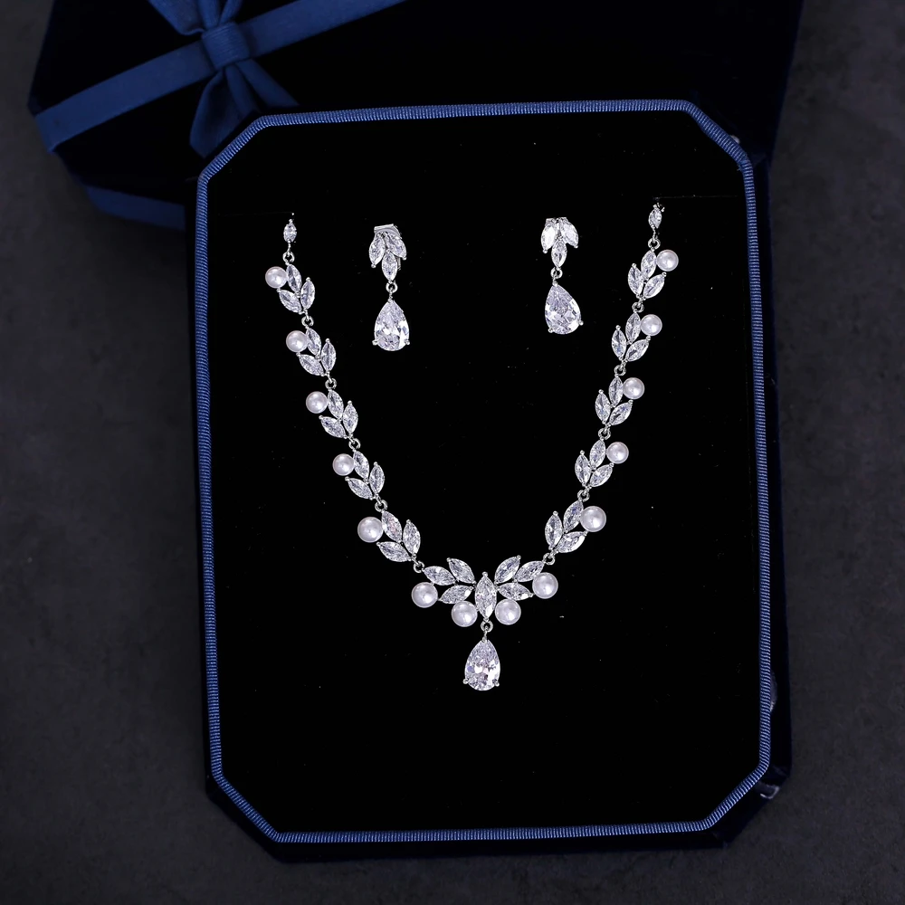 

Marquise Cubic Zirconia Jewelry Sets Simulated Pearl Necklace Choker Wedding Bridal Pear Cut Zircon Dangle Earrings Women Bijoux