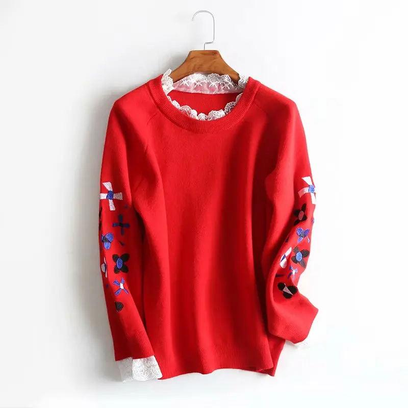 

Flowers Embroidery Long Sleeve Lace Ruched Sweater Casaul Women Knitted Pullover Ruffled Collar Candy Color Sweet Girls Outwear