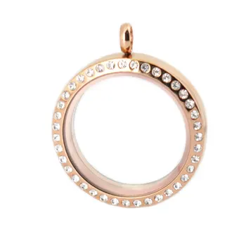 

High quality 30mm round rose gold magnet crystal 316 stainless steel Memory living glass locket ,glass locket for Women