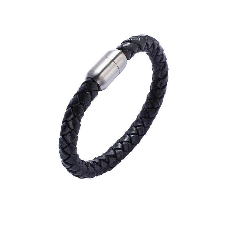 

New Mens Bracelet Braided Leather Stainless Steel Genuine Magnetic Clasp Male Bracelets Bangles Jewelry PW731H