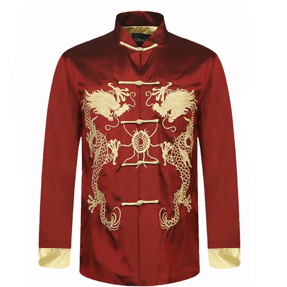 Burgundy Chinese Traditional Men Silk Satin Jacket Embroidery Dragon Coat Kung Fu Tops Overcoat