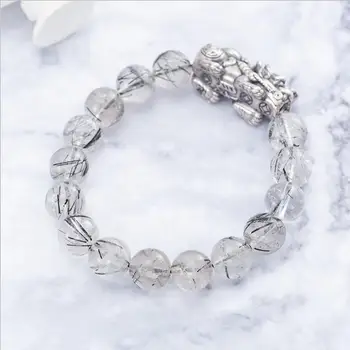 

HRina S925 Sterling Sliver Brave Troops Elastic Rope Black QuartzRutilated Crystal Bracelets For Men Jewelry Chinese Mythology