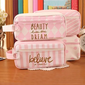 

Cute Large Capacity Multifunctional Pink Canvas Pencil Case Pen Bag Cosmetic Pouch Box School Supplies Kids Stationery for Girls