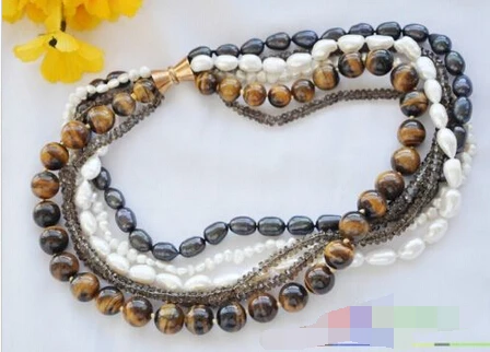 

song voge gem nanJ0487 white black pearl Smoky quartz tiger's-eye NECKLACE