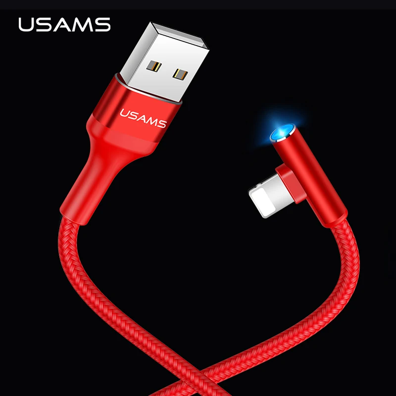 Goedkoop USAMS Verlichting Kabel, 90 graden Zacht Licht Gevlochten L Telefoon Kabel voor iPhone 6 7 2A Snel Opladen Game USB Data Kabel voor iOS 12 7