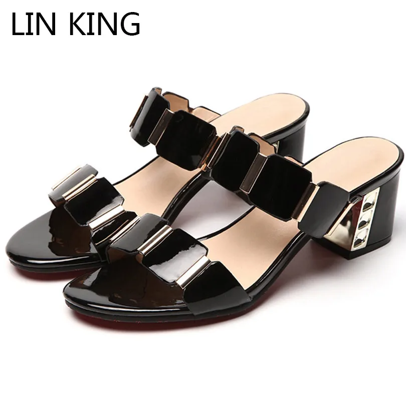 

LIN KING Sexy Square Heel Women Slippers Metal Decoration High Heel Summer Shoes Fashion Thick Sole Lady Office Career Slides
