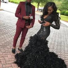 Bling Black Русалка с длинным рукавом перо африканские платья для выпускного вечера со шлейфом глубокий v-образный вырез размера плюс платье на выпускной вечер официальное платье