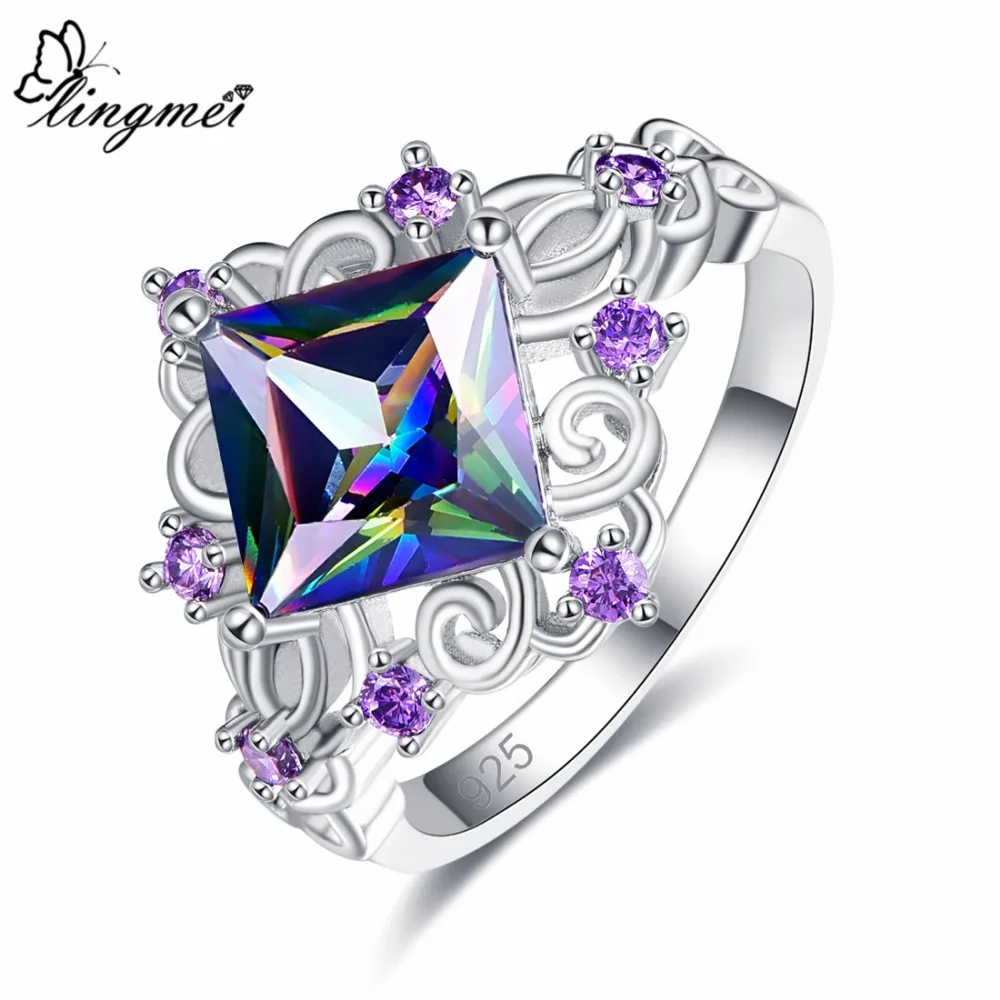 

lingmei Wedding Princess Cut Rainbow & Blue & White & Purple Cubic Zircon Silver Jewelry 925 Ring Size 6 7 8 9 Engagement Gift