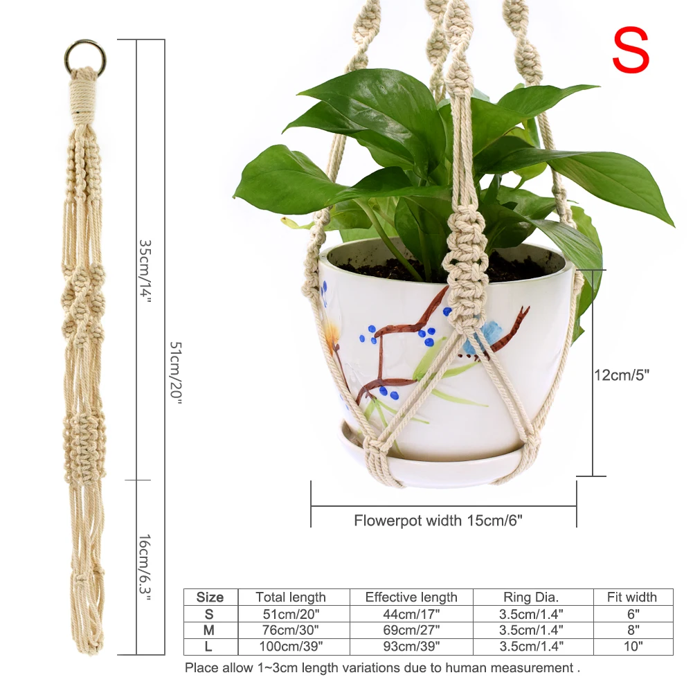 WITUSE ручной работы натуральный хлопок шнур Завод Вешалка висячая корзина горшок держатель с кольцом S/M/L веревка макраме горшок держатель - Цвет: S