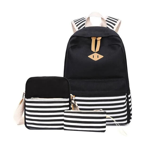 3 pcs black and white stripe vintage canvas backpack girl schoolbag