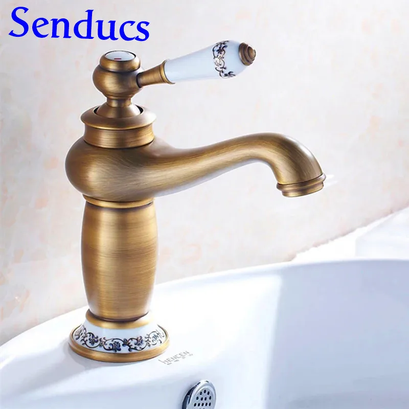 

Free shipping Fashion Ceramic antique basin faucet with single handle bathroom antique faucet and gold bathroom mixer tap