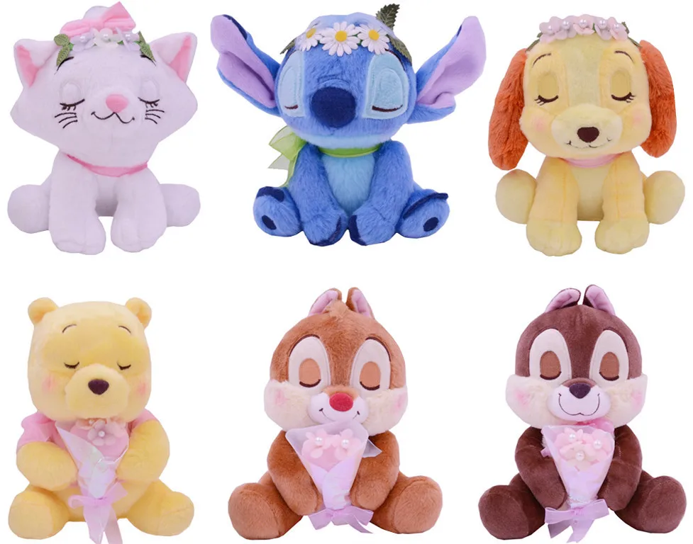 

Cute Wedding Flowers Sleeping Stitch Chipmunk Marie Cat Bear Dog Miss Bunny Plush Toys Soft Stuffed Animals Kids Toys Gifts