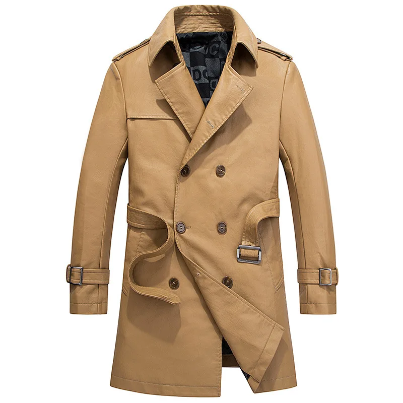 Брендовый мужской кожаный плащ, осенне-зимняя модная повседневная куртка из искусственной кожи с воротником-пухом, мужское кожаное пальто с ремнем 3xl BF8681
