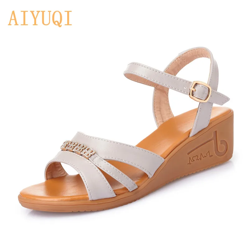 

AIYUQI 2019 new real skin ladies sandals rhinestone mother wedge heel sandals shoes fashion comfortable flat sandals for ladi