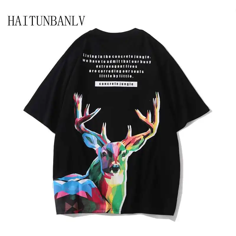

2019 Summer Fashion New Hip Hop Colour Elk Printing Casual Short Sleeve Harajuku Tees Streetwear