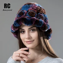 [Rancyword] женщин шапка зимняя реального кролика рекс меховая шапка шапочки натуральный мех шляпа шапочки толстые русский Hat Heanie для девочек RC1393