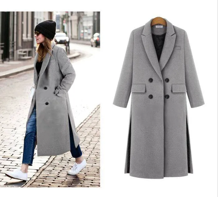 

Fashion 2019 Autumn Winter Women's Long Wool Coats Outwear Casual Double Breasted Trench Thicken Plus Cashmere Grey Overcoats