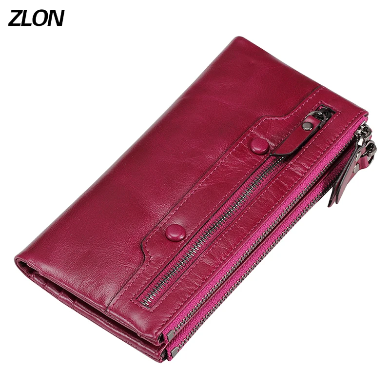 ZLON Women's Double Zipper Wallets 100% Oil Wax Leather Ladies Purses