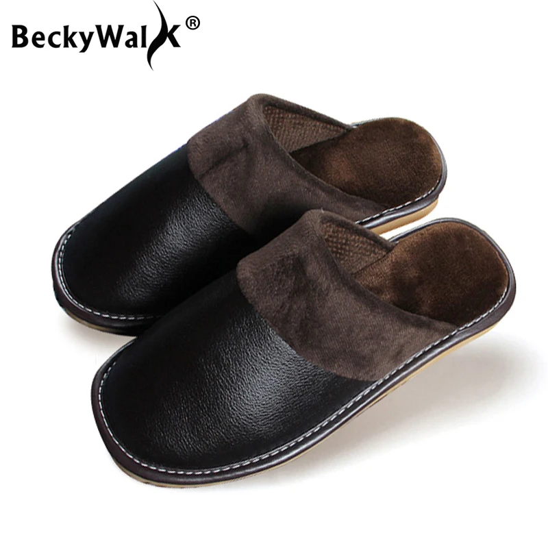 

BeckyWalk Winter Plush Women Men Slippers Waterproof PU Leather Home Shoes Woman Floor Anti-Slip Indoor Women Slippers WSH3109