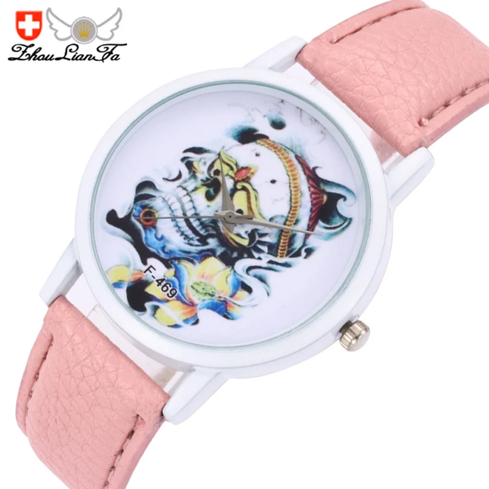 Geneva Multicolor Skull Pattern White Alloy Dial Pink Leather 20mm Strap Men font b Couple b